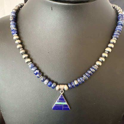 Blue~Lapis~Pendant~Navajo~Pearls~Sterling~Silver~Necklace~ 22”~18743