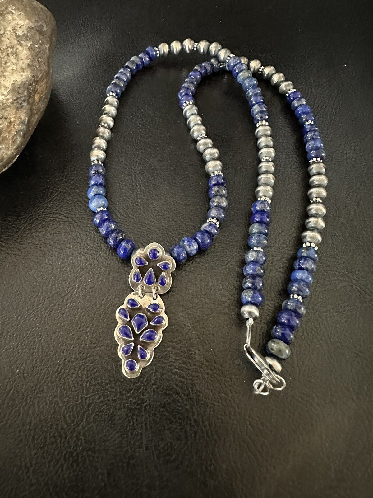 Mens Womens Blue Lapis Navajo Sterling Silver Cluster Pendant Necklace 21”18340