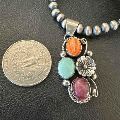 Multicolor Turquoise Spiny Navajo Sterling Silver Cluster Pendant Necklace 19311