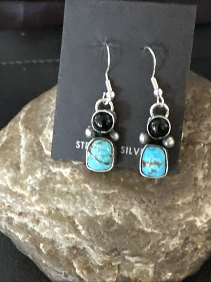 Handmade Kingman Turquoise Onyx Navajo Sterling Silver Dangle Earrings 18847