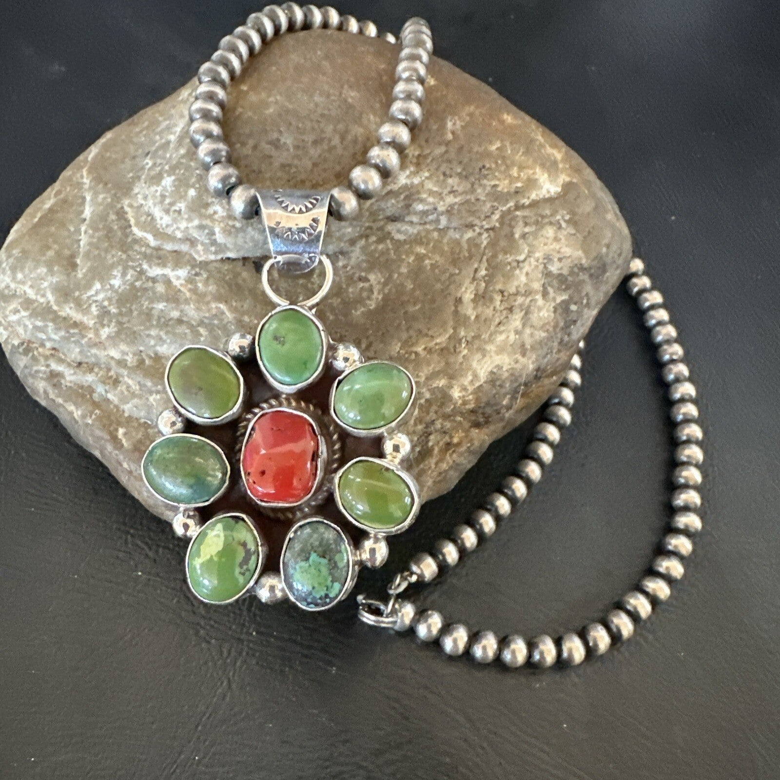 Navajo Sterling Cluster Red Turquoise Pendant Necklace 17713