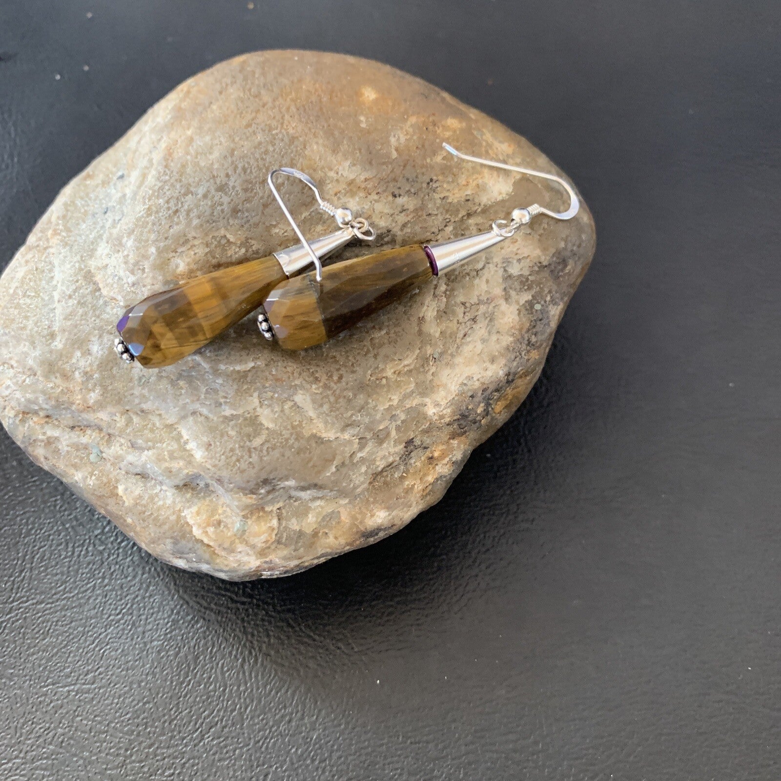 Coffee Tiger's Eye Navajo Sterling Silver Dangle Drop Bead Earrings 1.5" 11715