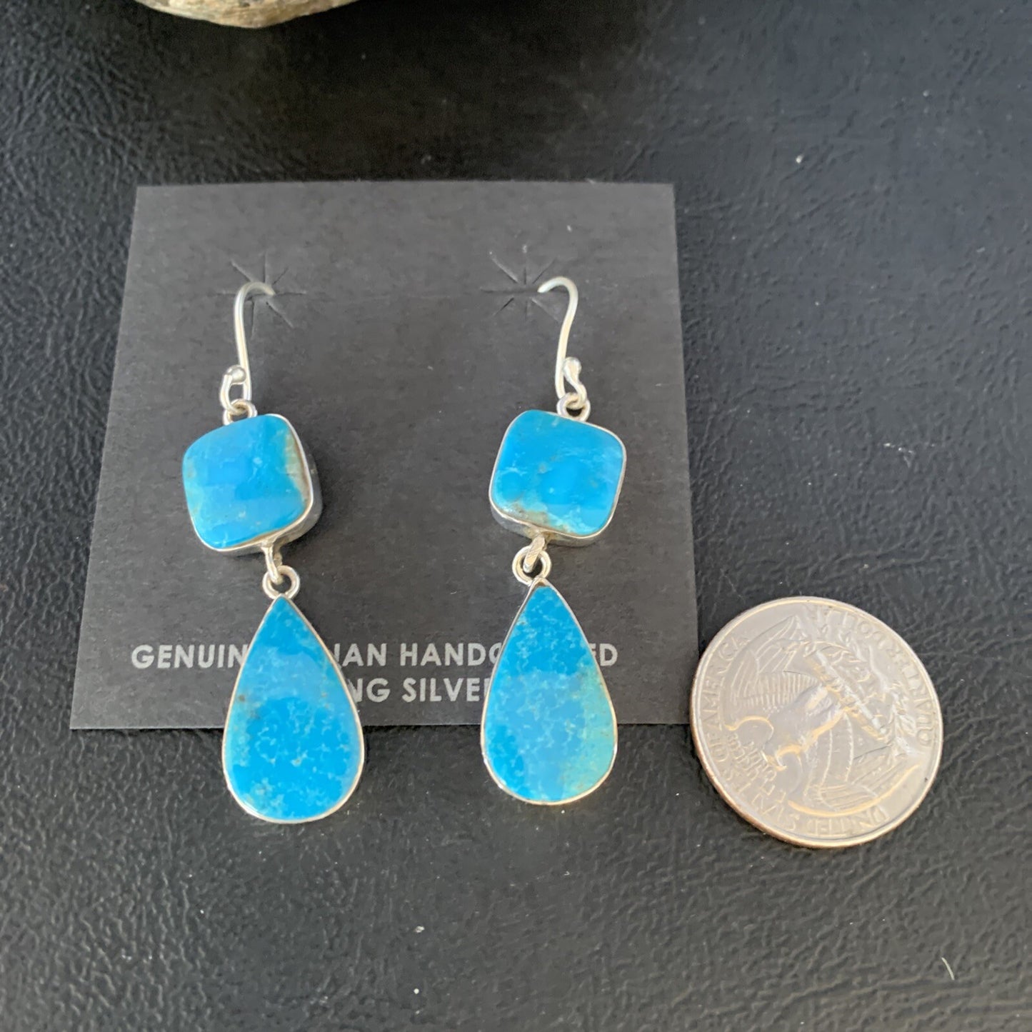 Kingman Turquoise Handmade Navajo Sterling Silver Dangle Earrings 1.5" 14012