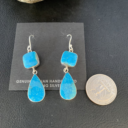 Kingman Turquoise Handmade Navajo Sterling Silver Dangle Earrings 1.5" 14012