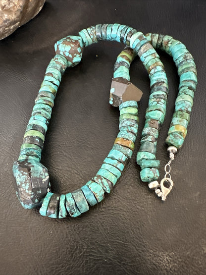 Native Turquoise Nugget Heishi Bead Navajo Sterling Silver Necklace 17745