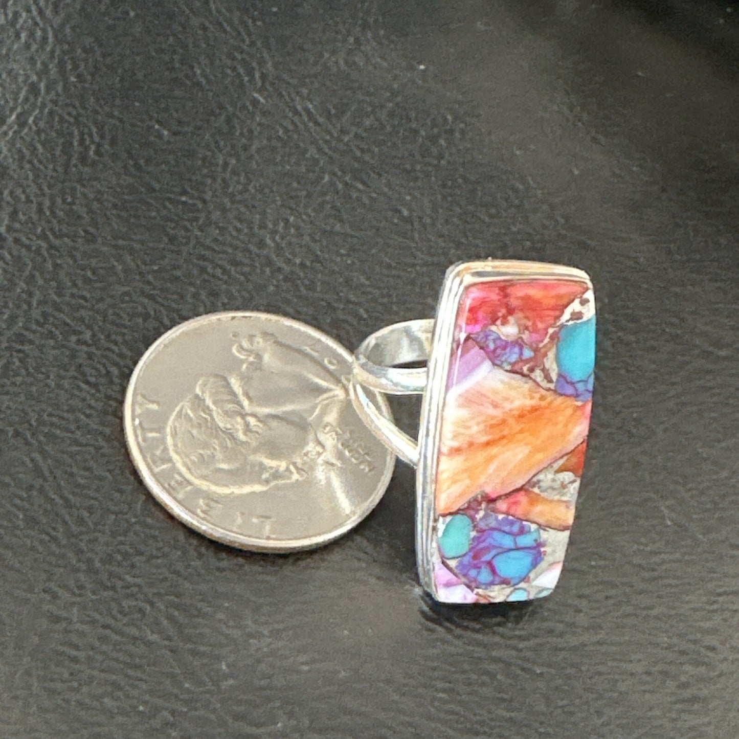 Blue Turquoise Orange Spiny Oyster Navajo Sterling Silver Ring Size 8 18219