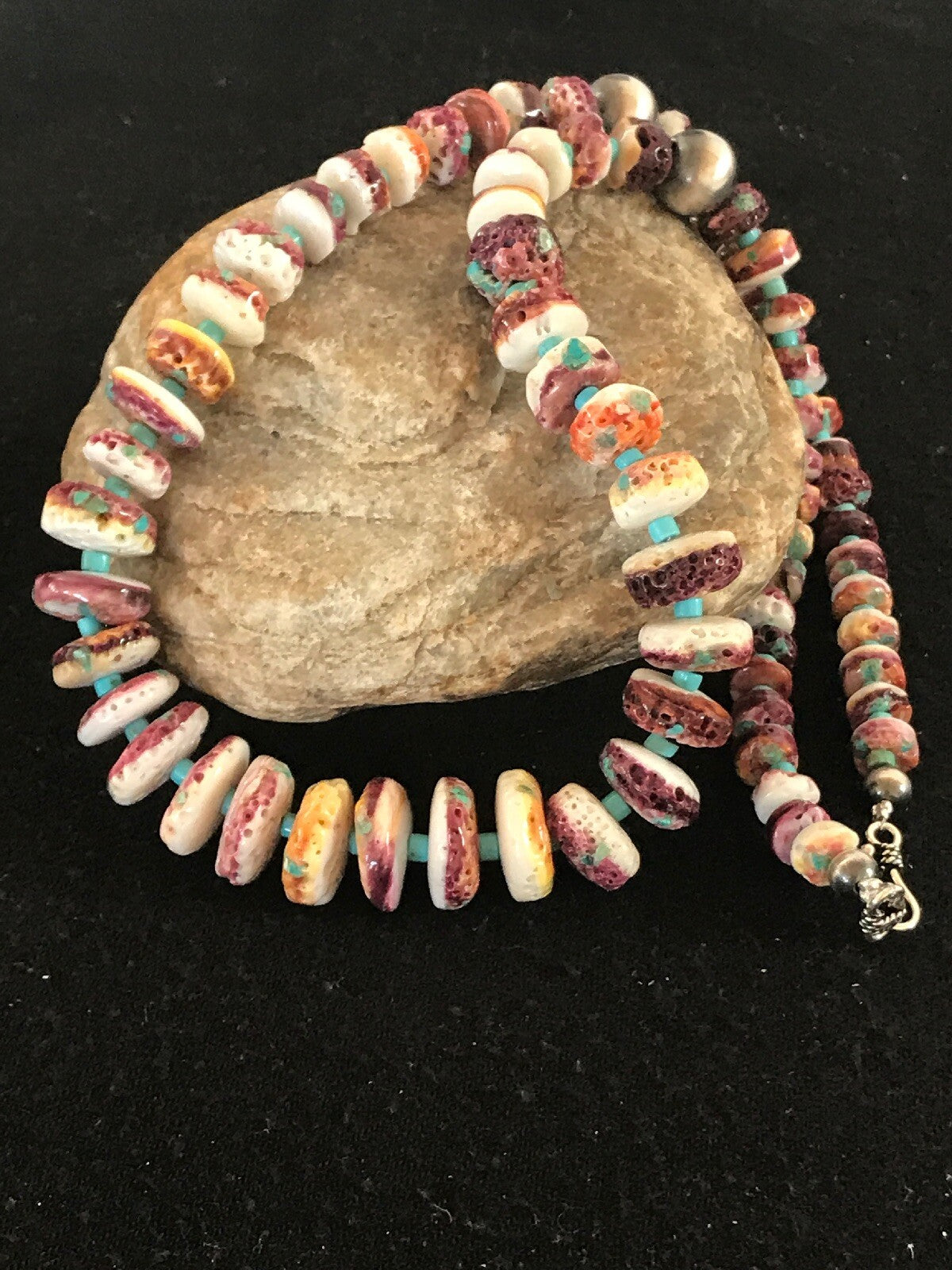 Purple Spiny Oyster & Turquoise Bead Navajo Sterling Silver Necklace 08439