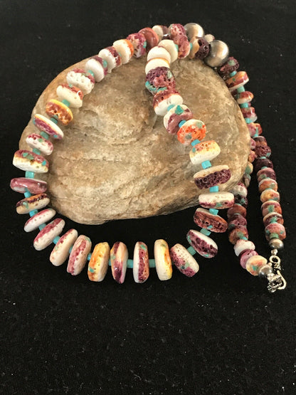 Purple Spiny Oyster & Turquoise Bead Navajo Sterling Silver Necklace 08439