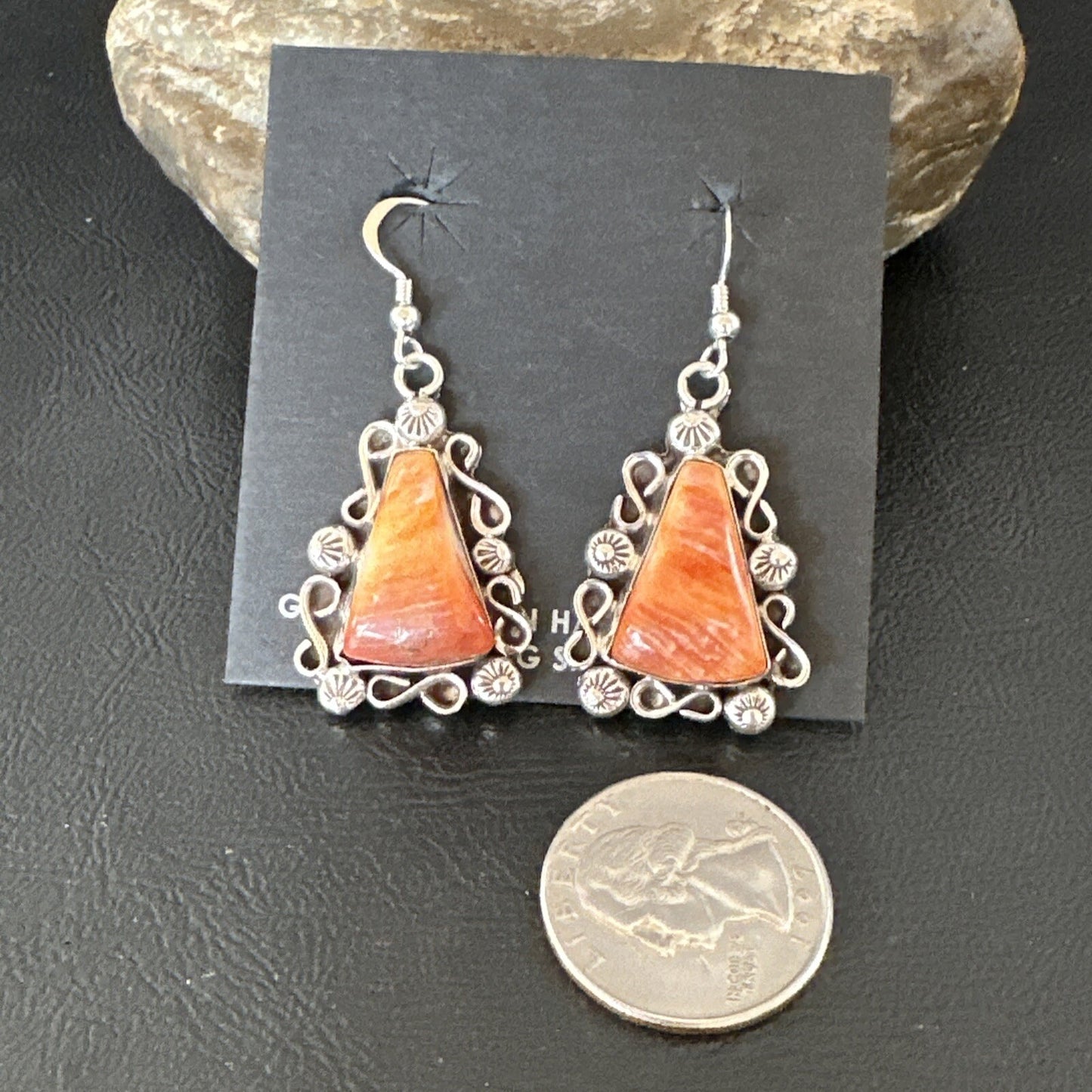 Native Navajo Sterling Silver Orange Spiny Oyster Dangle Earrings 17270