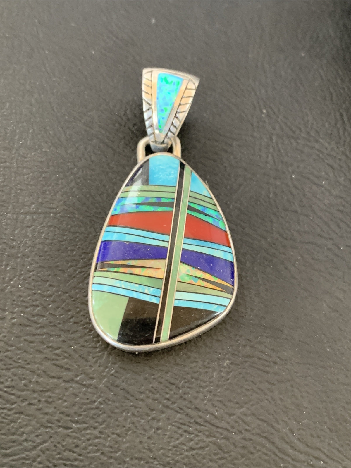 Womens Turquoise Coral & Opal Navajo Sterling Silver Inlay Pendant 12494