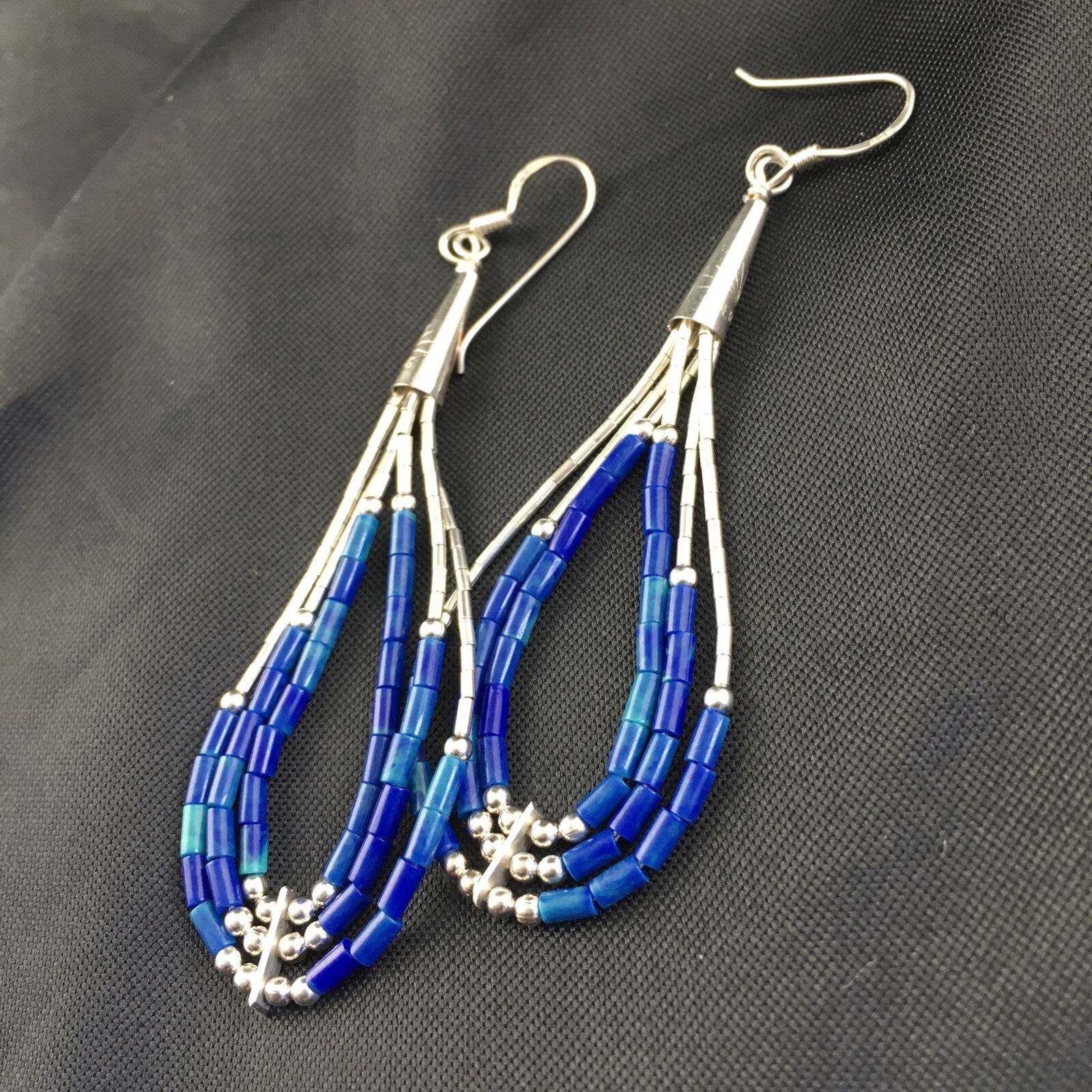 Blue Lapis 3 Strand Heishi Liquid Sterling Silver Dangle Earrings 2013
