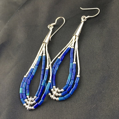 Blue Lapis 3 Strand Heishi Liquid Sterling Silver Dangle Earrings 2013