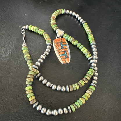 Green Turquoise Orange Spiny Pendant Sterling Silver Necklace 21” 19228