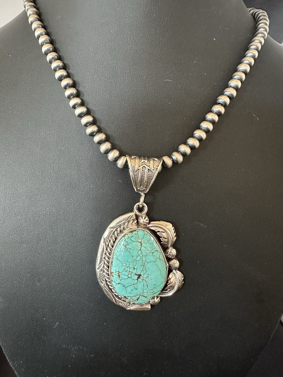 Blue Turquoise #8 Pendant Navajo Pearls Sterling Silver Necklace 19388