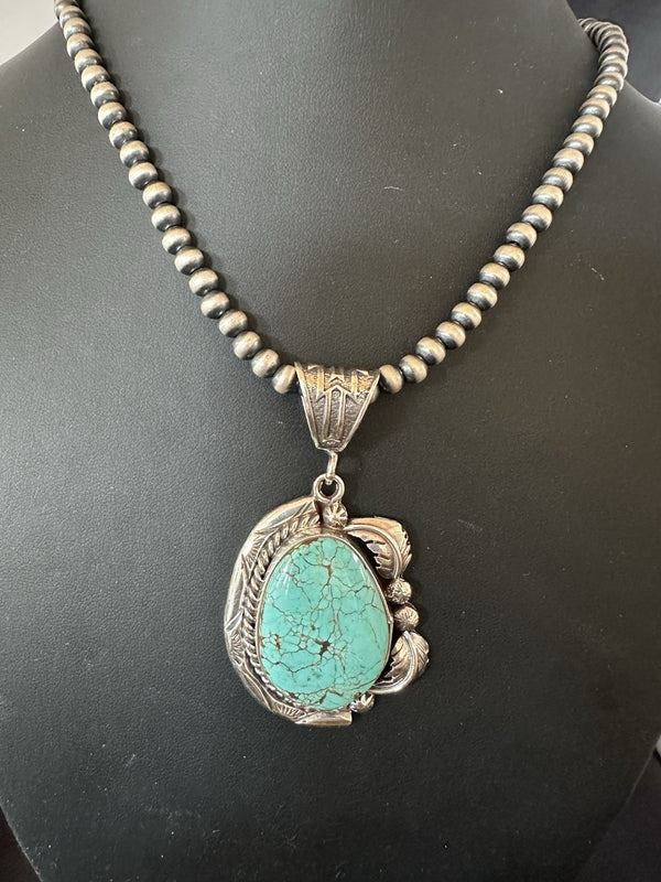 Blue Turquoise #8 Pendant Navajo Pearls Necklace | Sterling Silver | Authentic Native American Handmade | 19388