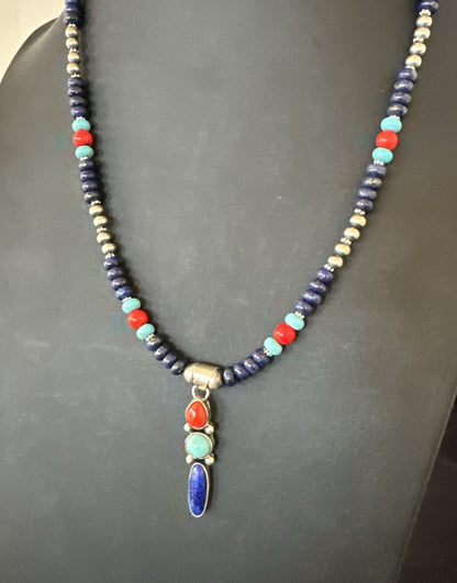 Multicolor Turquoise Spiny Navajo Sterling Silver Cluster Pendant Necklace 19647