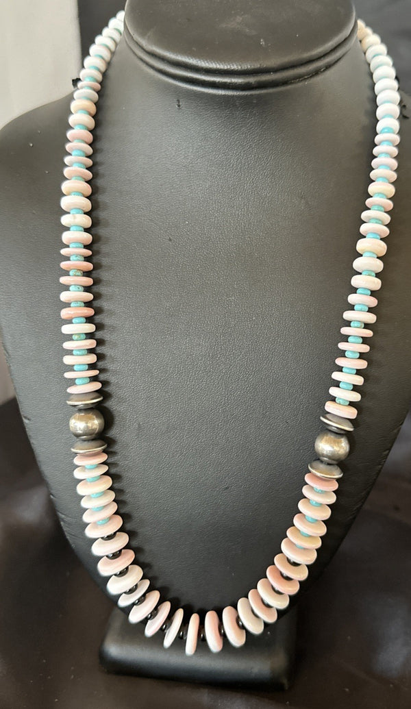 Pink Queen Conch Turquoise Graduated Navajo Necklace 24" | Sterling Silver | Authentic Native American Handmade | 19016