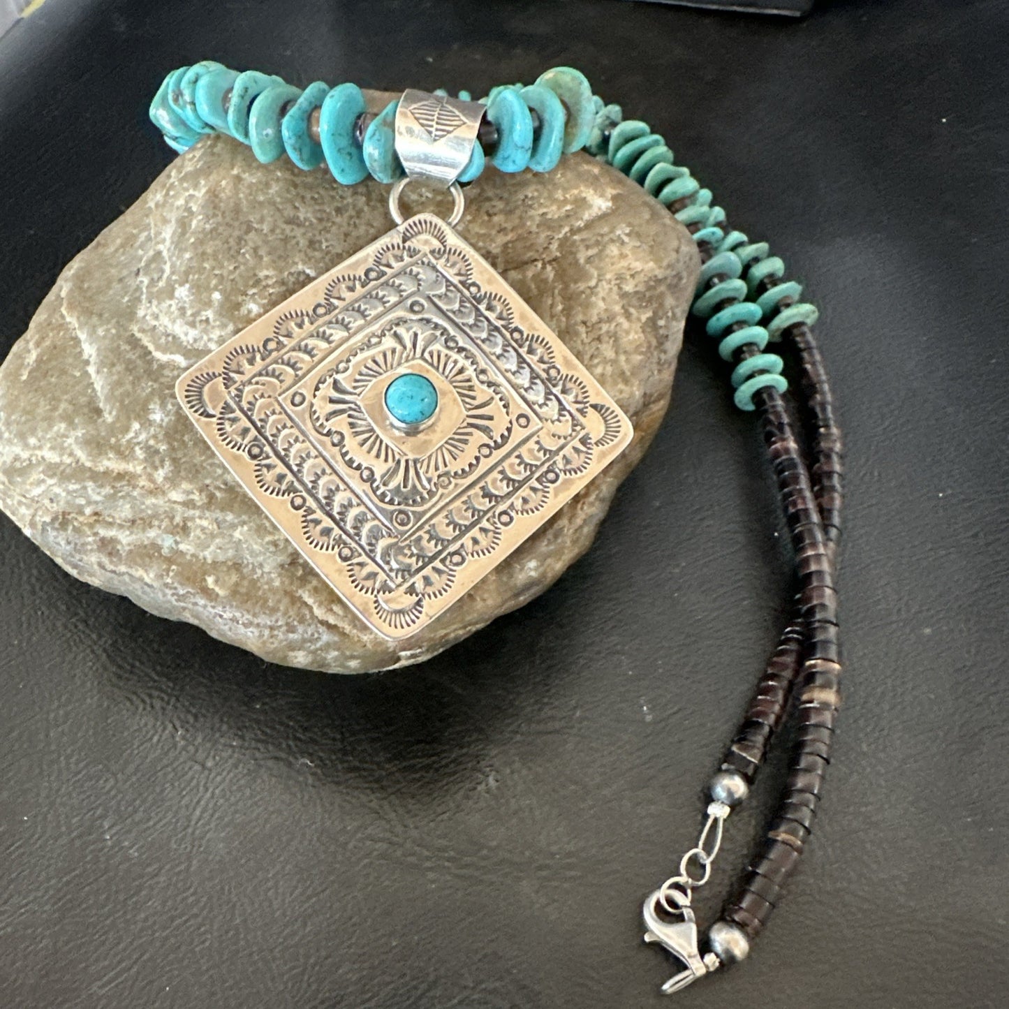 Navajo Blue Turquoise Stamped Pendant Shell Sterling Silver 25” Necklace 19707
