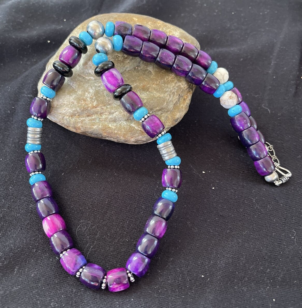 Purple Stone & Turquoise Indian Navajo Pearls Sterling Silver Necklace 01054