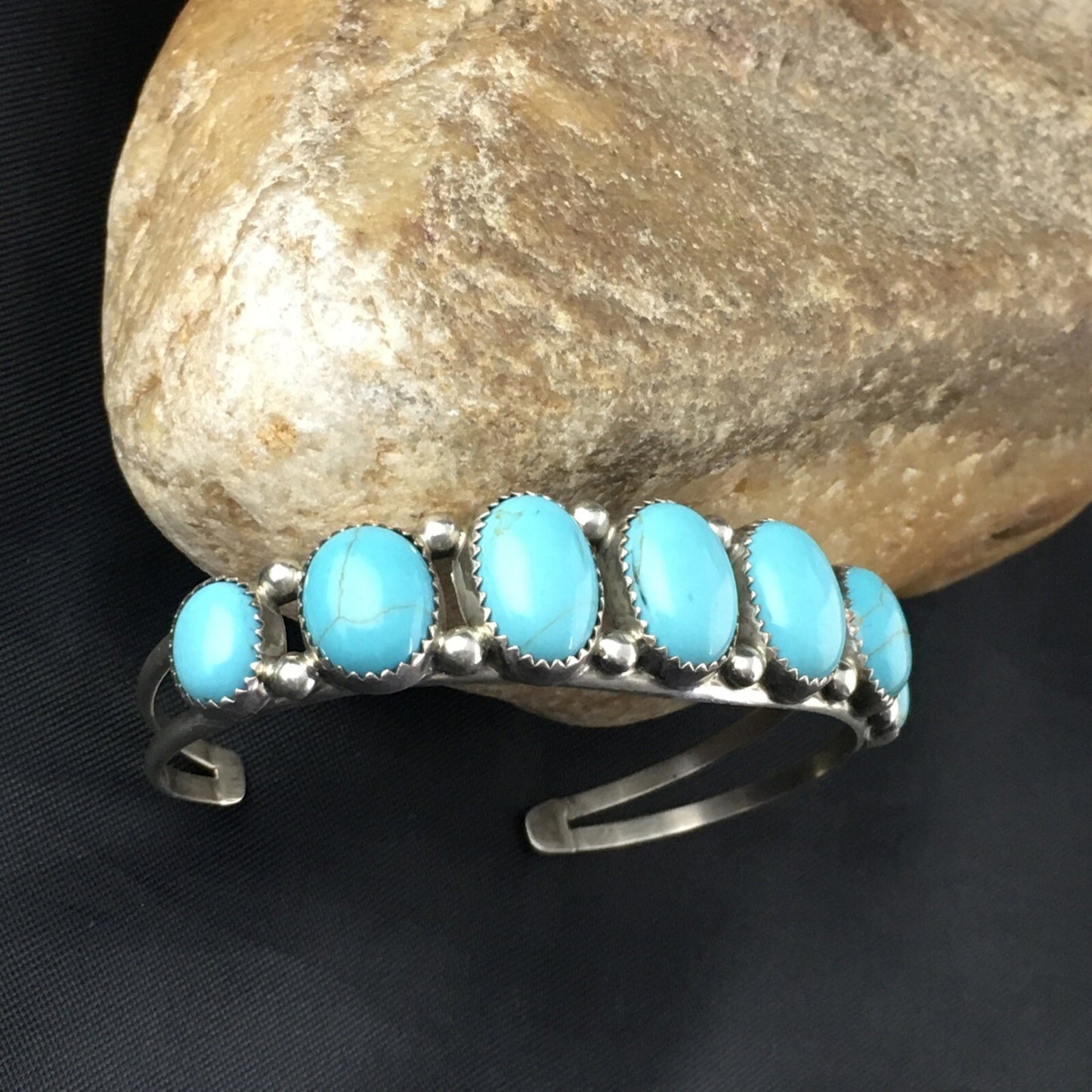 Native Mens Navajo Sterling Silver Kingman Turquoise Bracelet 7 Stone 10244
