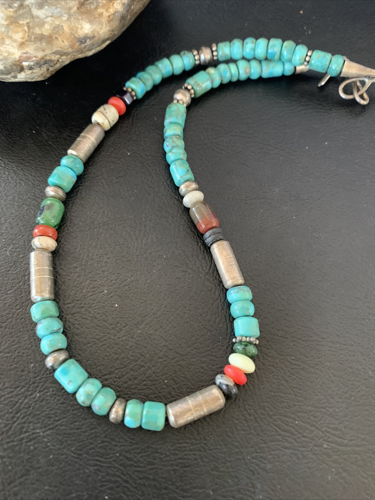 Turquoise Spiny Oyster & Coral Beads Sterling Silver Gold Necklace 10396