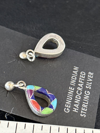 Turquoise Spiny Oyster & Opal Navajo Sterling Silver Inlay Earrings 1” 14411
