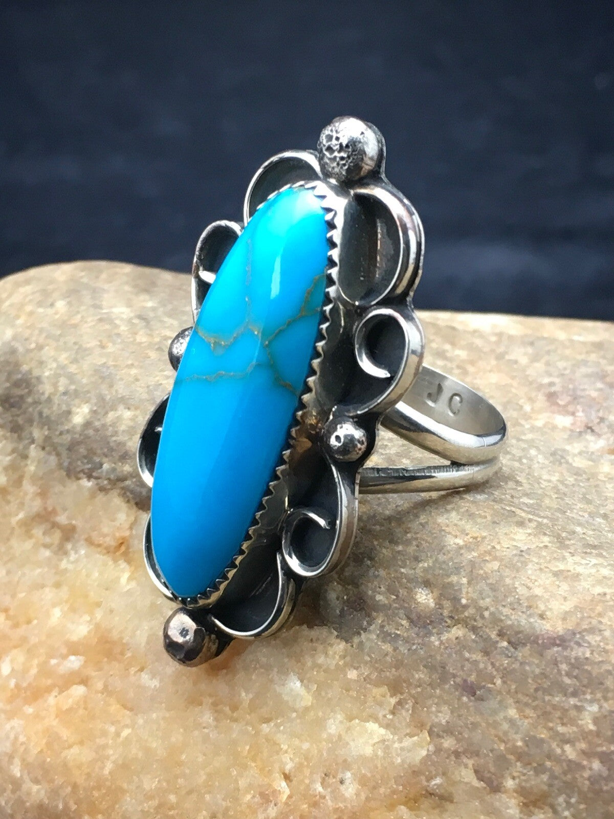 Mens Blue Turquoise Navajo Sterling Silver Ring Size 10.5 04055