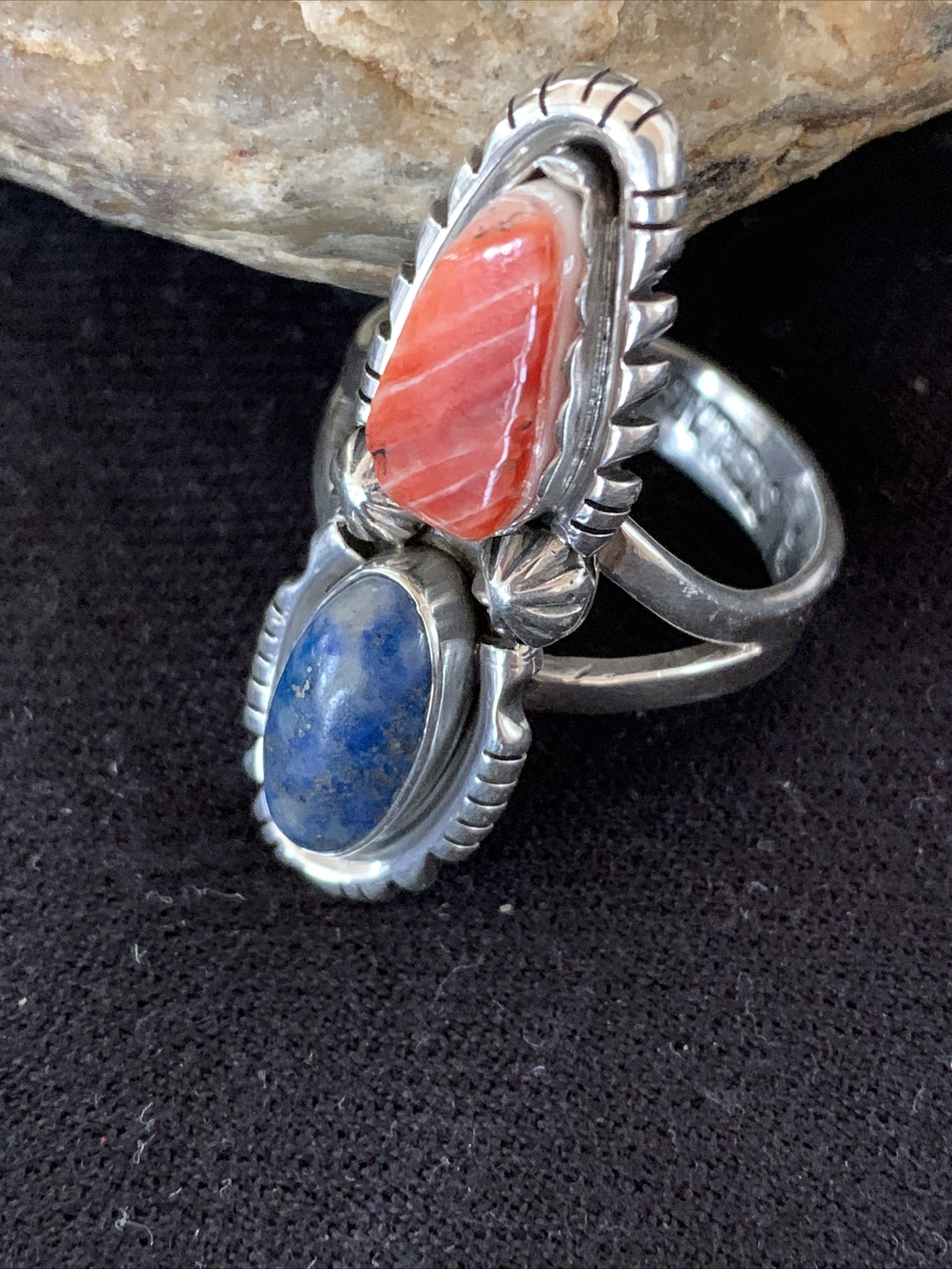 Red Spiny Oyster & Lapis Navajo Sterling Silver Ring Size 10.5 19763