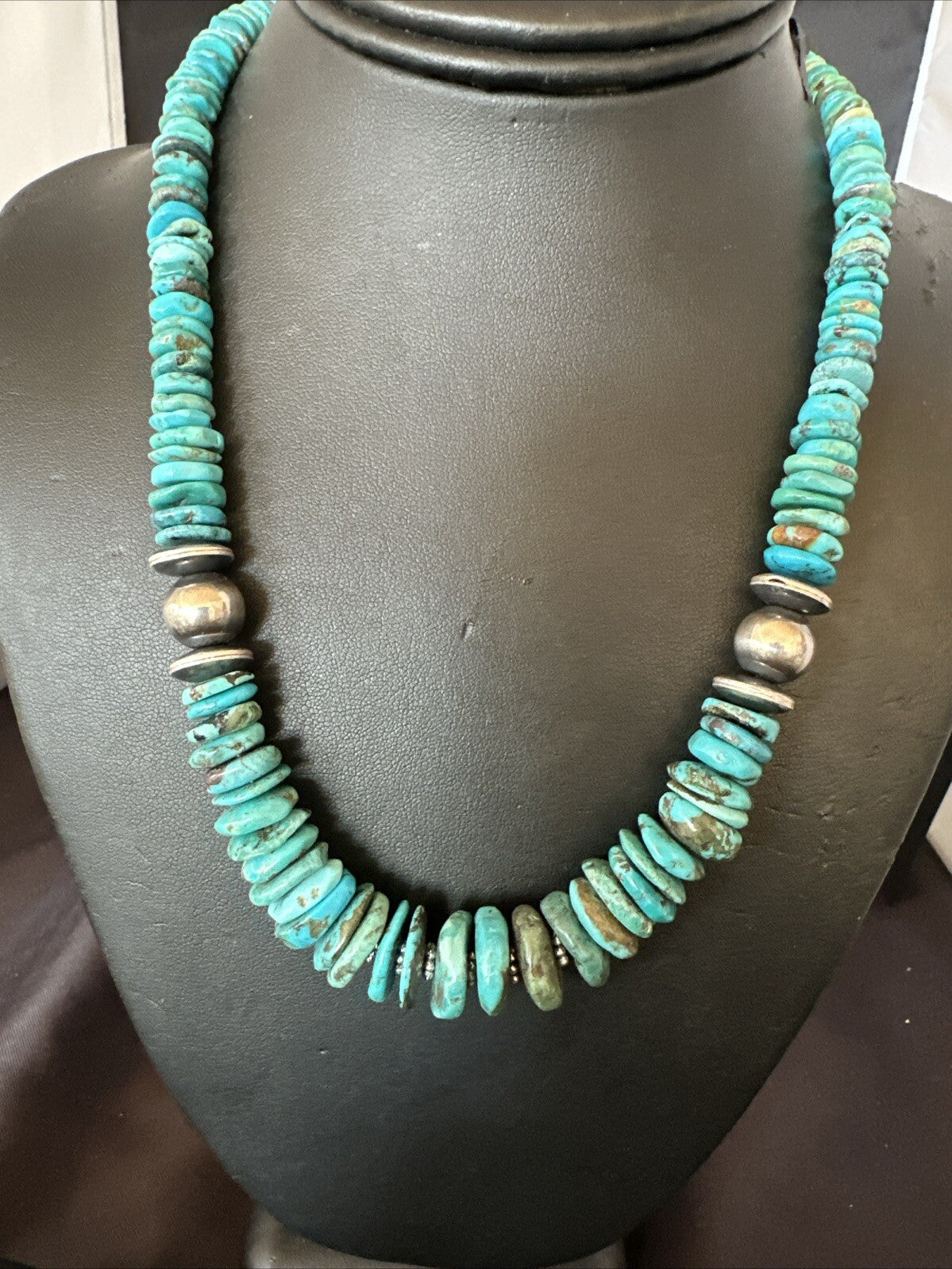 Graduated Blue Turquoise Navajo Pearls Sterling Silver Necklace 19” 18921