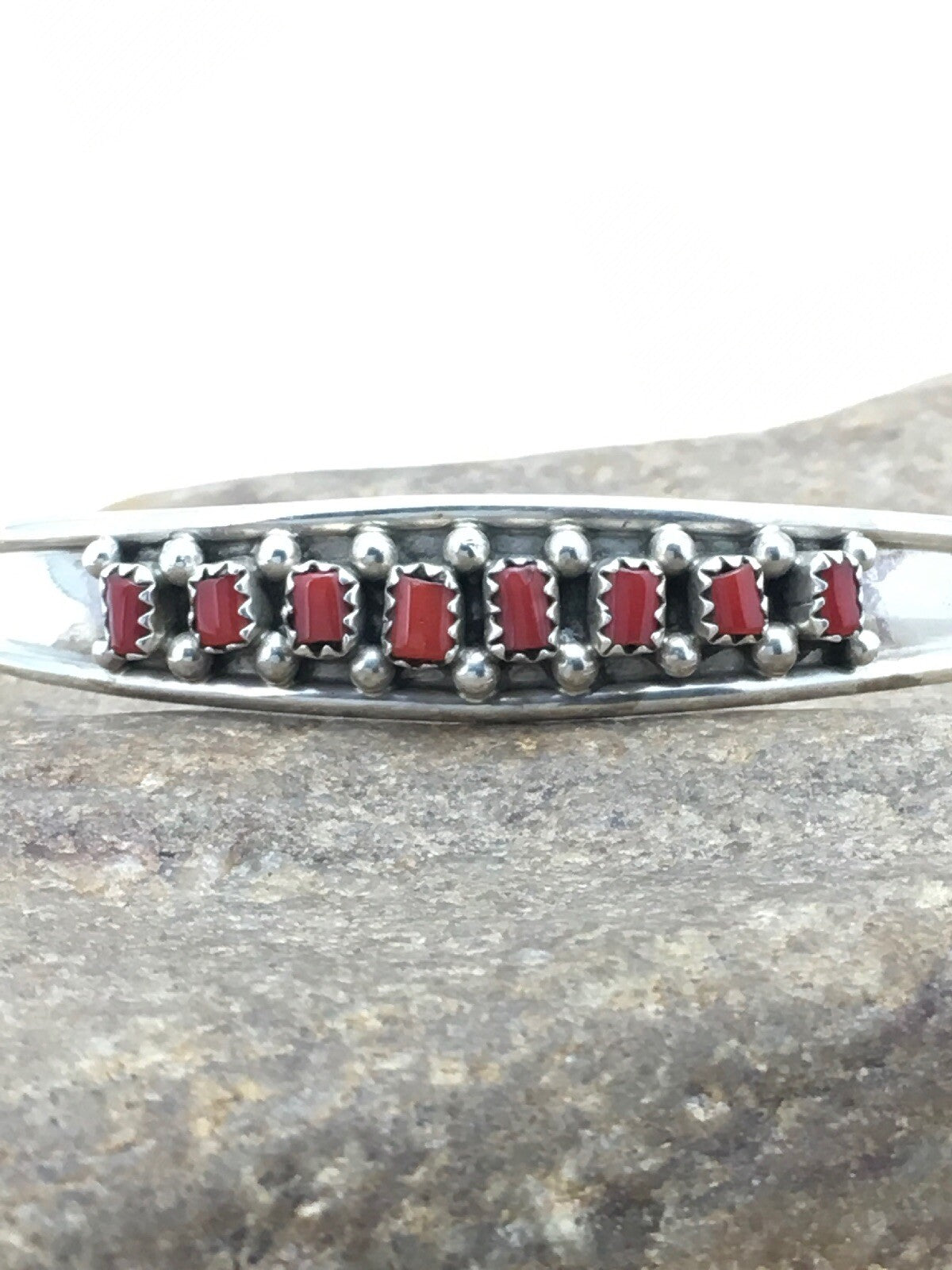 Native American Indian Coral Petite Navajo Sterling Silver Bracelet 04027