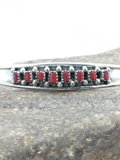 Native American Indian Coral Petite Navajo Sterling Silver Bracelet 04027