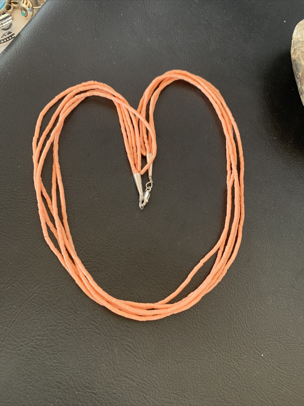 Pink Coral Stabilized Bead 5 Strand Navajo Sterling Silver Necklace 02208