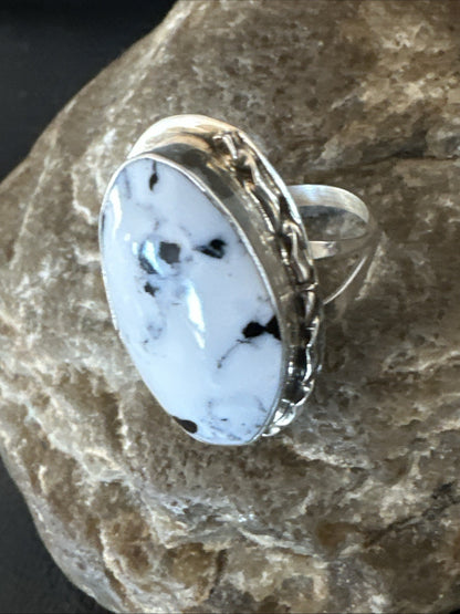 Black White Buffalo Turquoise Navajo Sterling Silver Ring Size 7.5 19805
