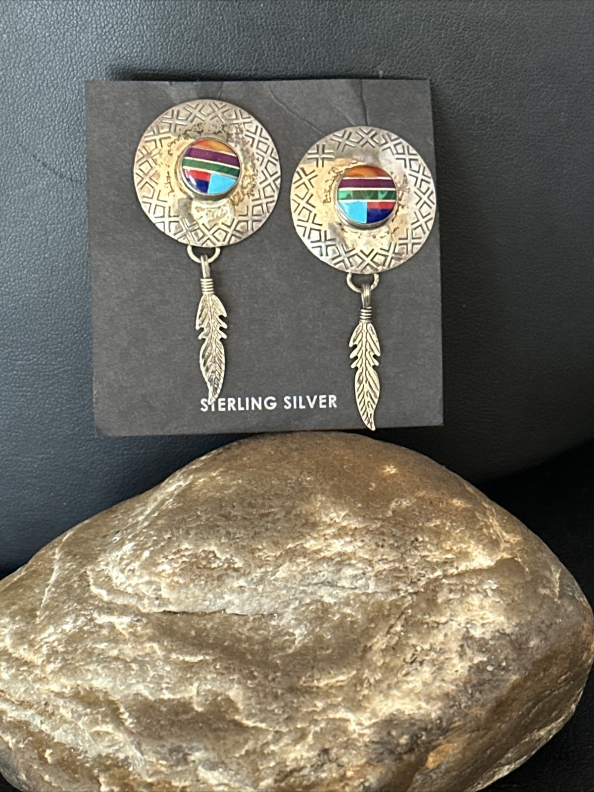Blue Turquoise & Spiny Oyster Navajo Sterling Silver Inlay Earrings 2” 14762