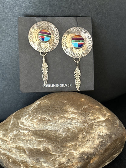 Blue Turquoise & Spiny Oyster Navajo Sterling Silver Inlay Earrings 2” 14762