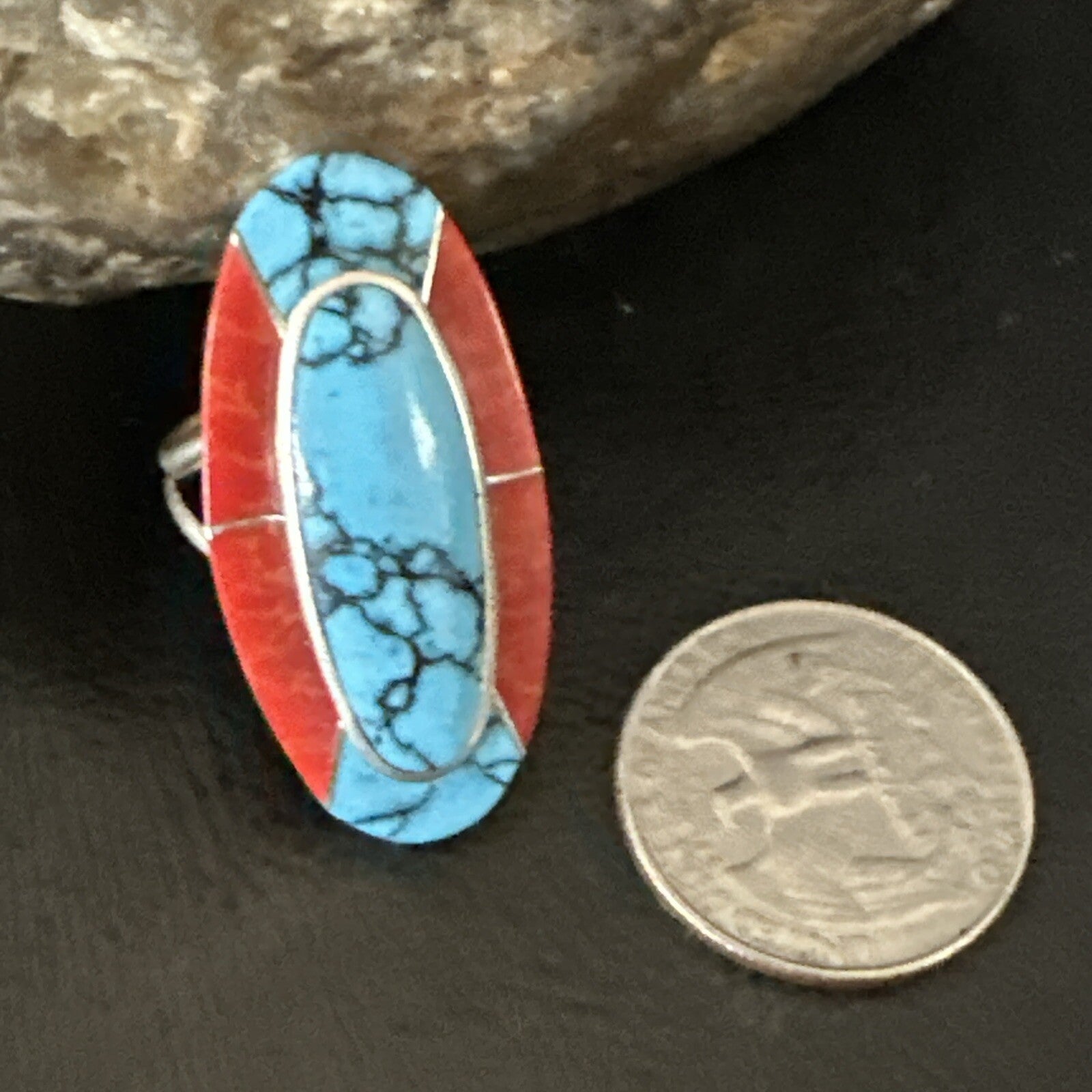 Blue Turquoise Coral Navajo Sterling Silver Ring Size 8 18764