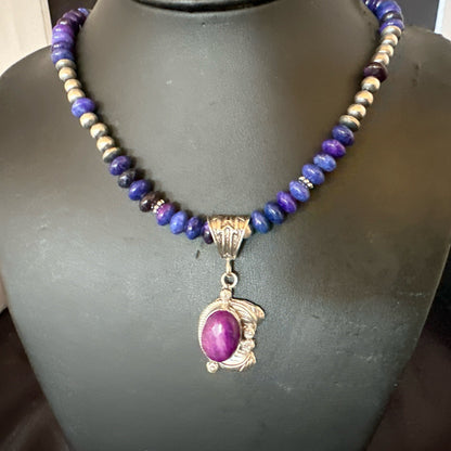 Purple Stone Pendant Navajo Pearls Sterling Silver Necklace 21” 18032