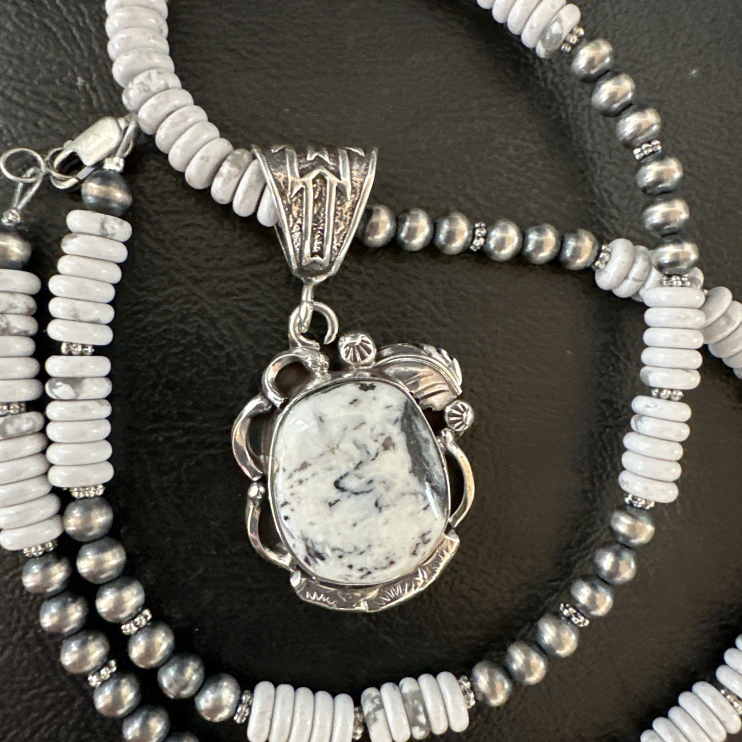 White Buffalo Turquoise Pendant Navajo Pearls Sterling Silver Necklace 20” 19496