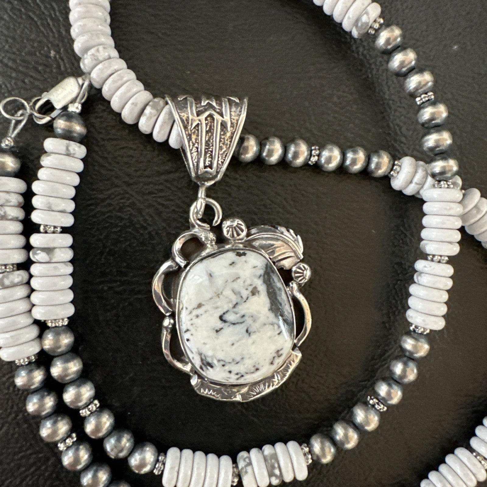 White Buffalo Turquoise Pendant Navajo Pearls Sterling Silver Necklace 20” 19496
