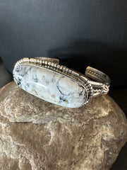 White Buffalo Turquoise Navajo Cuff Bracelet 7" | Sterling Silver | Authentic Native American Handmade | 19381