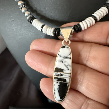 White Buffalo Turquoise Navajo Pearls Sterling Silver Onyx Necklace 17805
