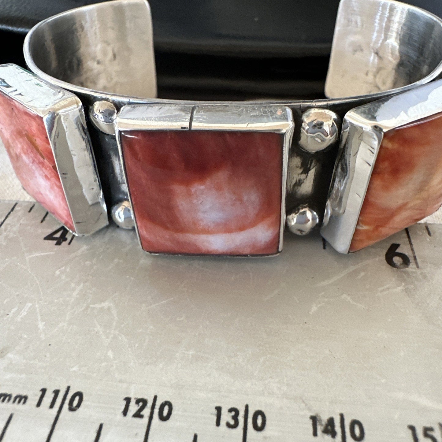 Red Spiny 3 Stone Sterling Silver Navajo Cuff Bracelet 7.7" 19488