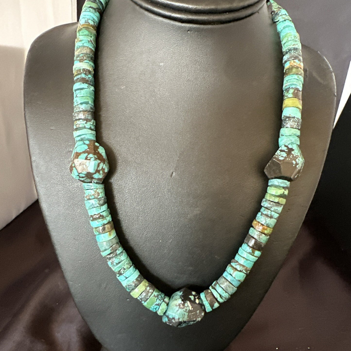 Native Turquoise Nugget Heishi Bead Navajo Sterling Silver Necklace 17745