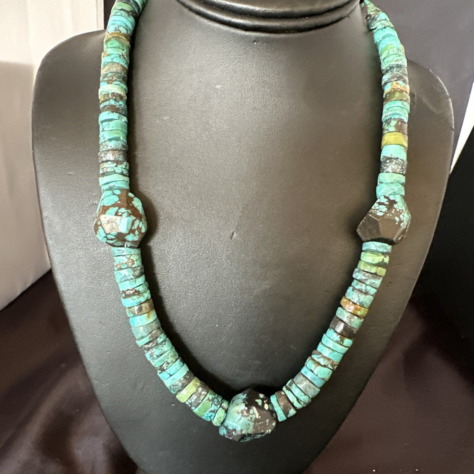 Native Turquoise Nugget Heishi Bead Navajo Sterling Silver Necklace 17745