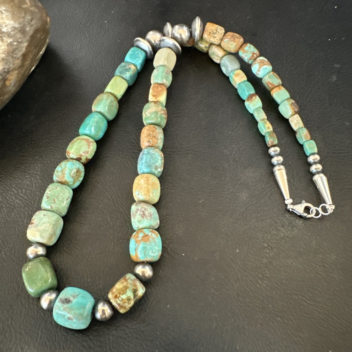 Cube Green Turquoise Navajo Graduated Sterling Silver Necklace 21” 19205