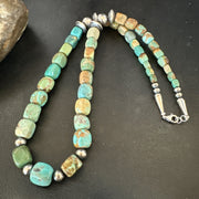 Tube Green Turquoise Navajo Graduated Necklace 21" | Sterling Silver | Authentic Native American Handmade | 19205