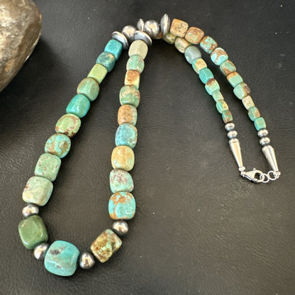 Cube Green Turquoise Navajo Graduated Sterling Silver Necklace 21” 19205