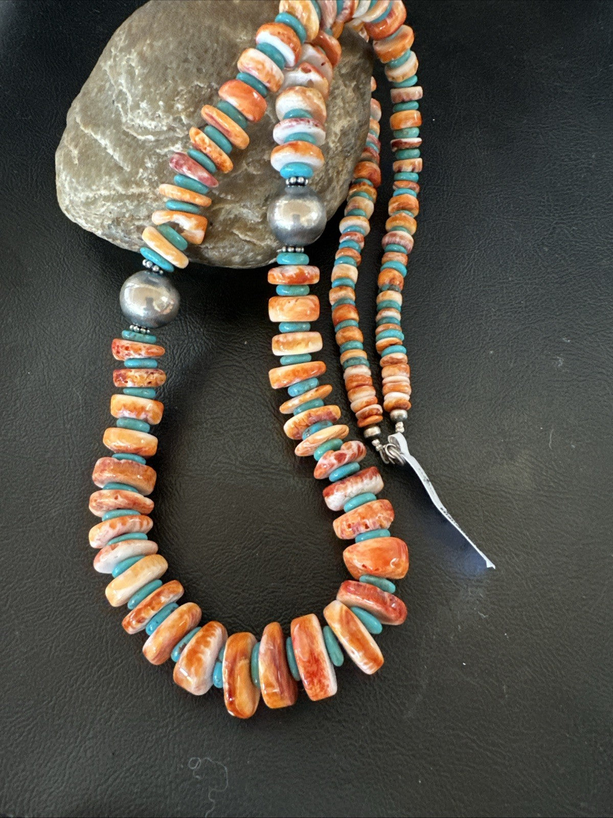 30" Spiny Oyster Turquoise Graduated Navajo Pearl Sterling Silver Necklace 19419