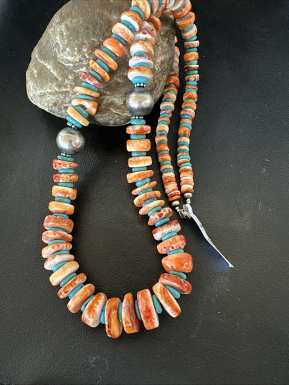 30" Spiny Oyster Turquoise Graduated Navajo Pearl Sterling Silver Necklace 19419