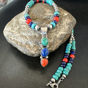 Multicolor Turquoise Coral Navajo Cluster Pendant Necklace | Sterling Silver | Authentic Native American Handmade | 19646